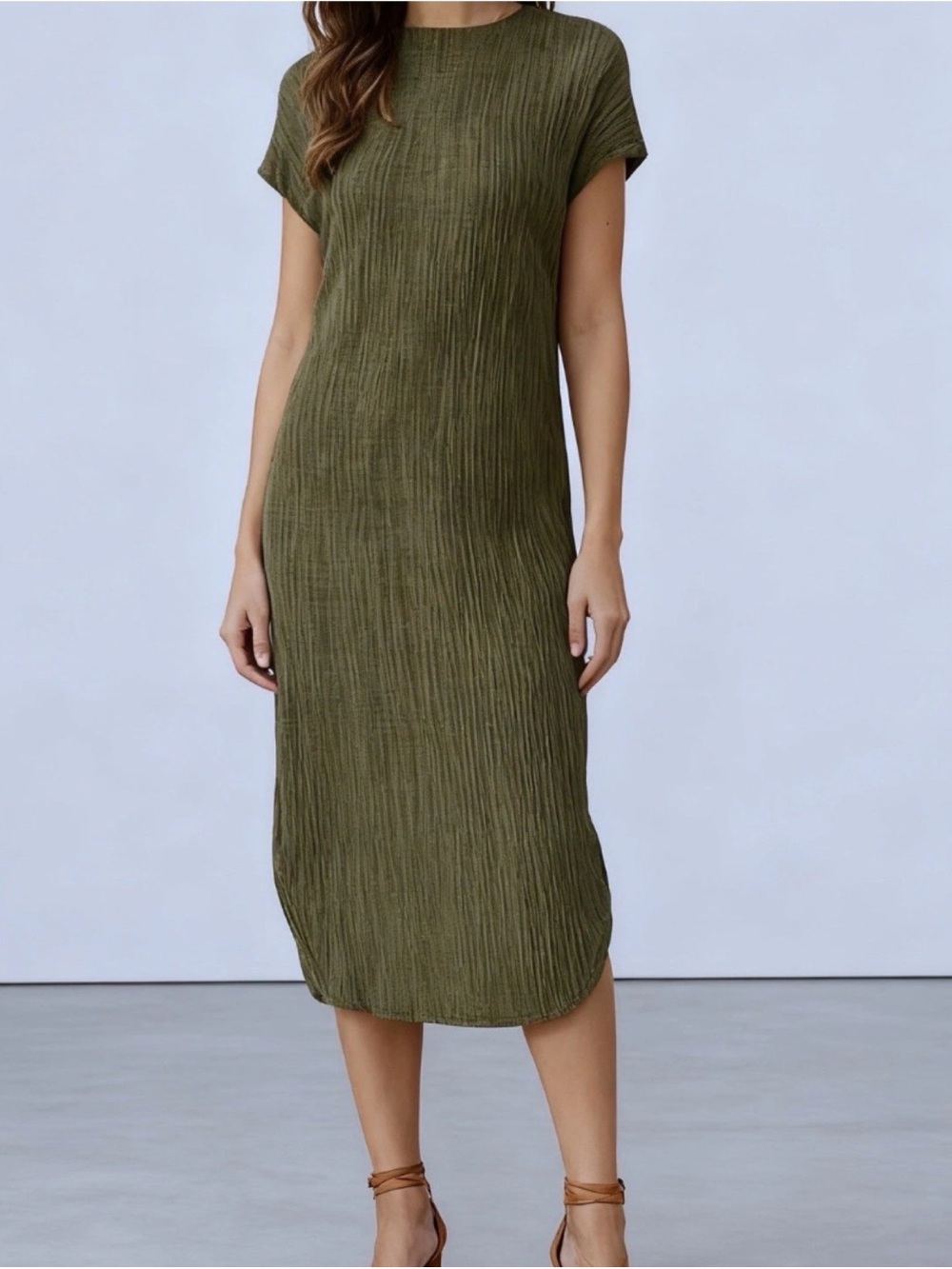 Anthropologie XL Sabina Musayev Olive Green Textured Short Sleeve Midi Dress